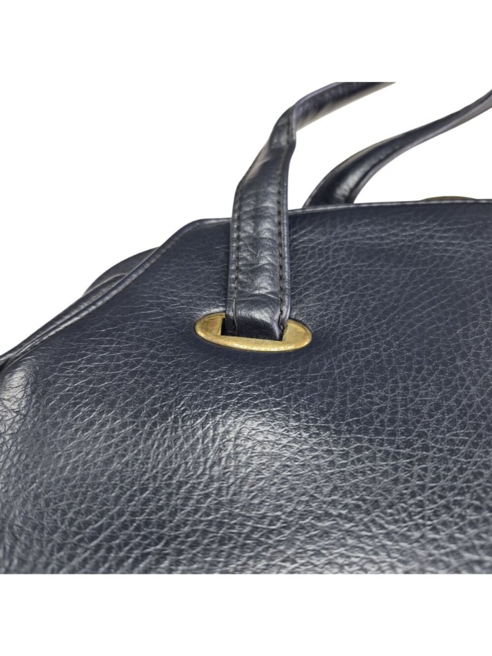 Vintage Navy Blue Leather Handbag Gold Hardware Top Handles & Beige Interior - Picture 4 of 16